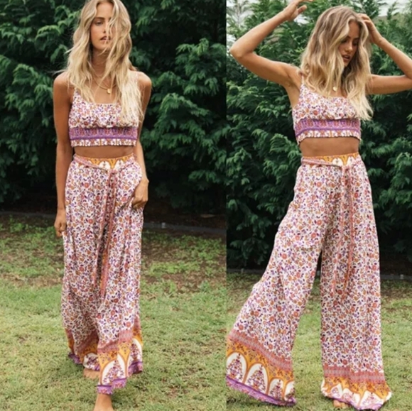 shelovly Pants - 2 Piece Cotton Floral Palazzo Pants & Smocked Crop Top Boho Set